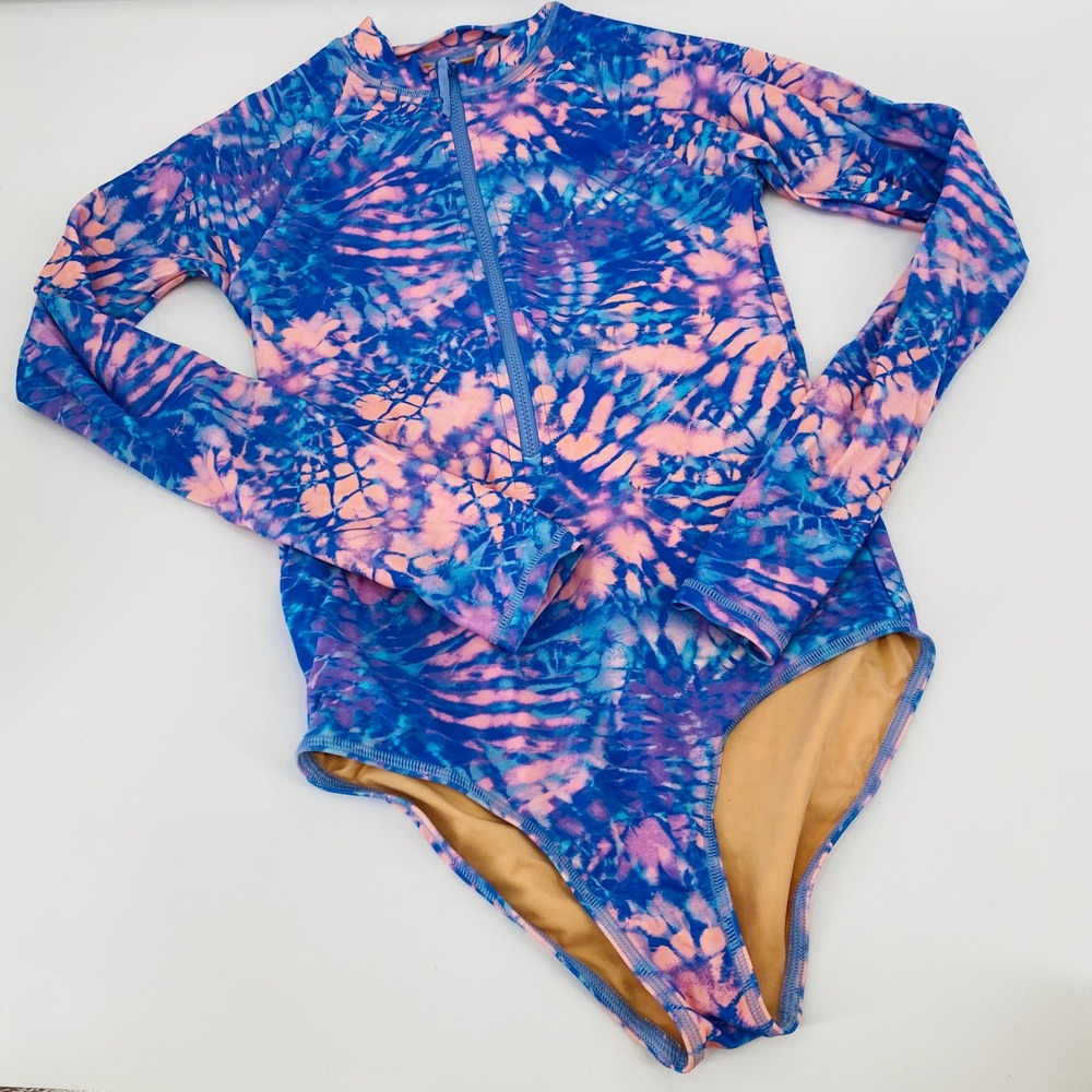 Crewcuts Rashguard Girls Size 12 Blue Pink Tie Dye Long Sleeve UPF 50+